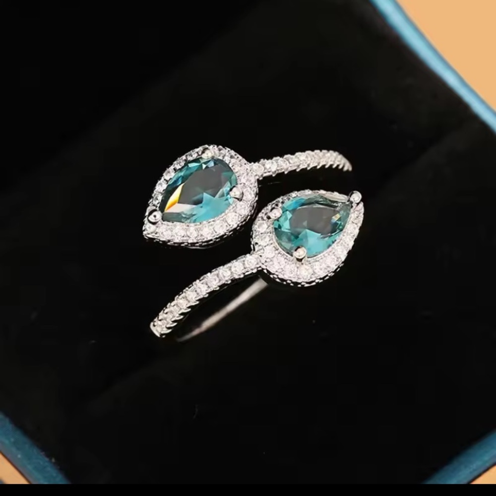 Teal Pear Halo Double-Teardrop Ring - Women's Silver Ring - Picture 9 of 9